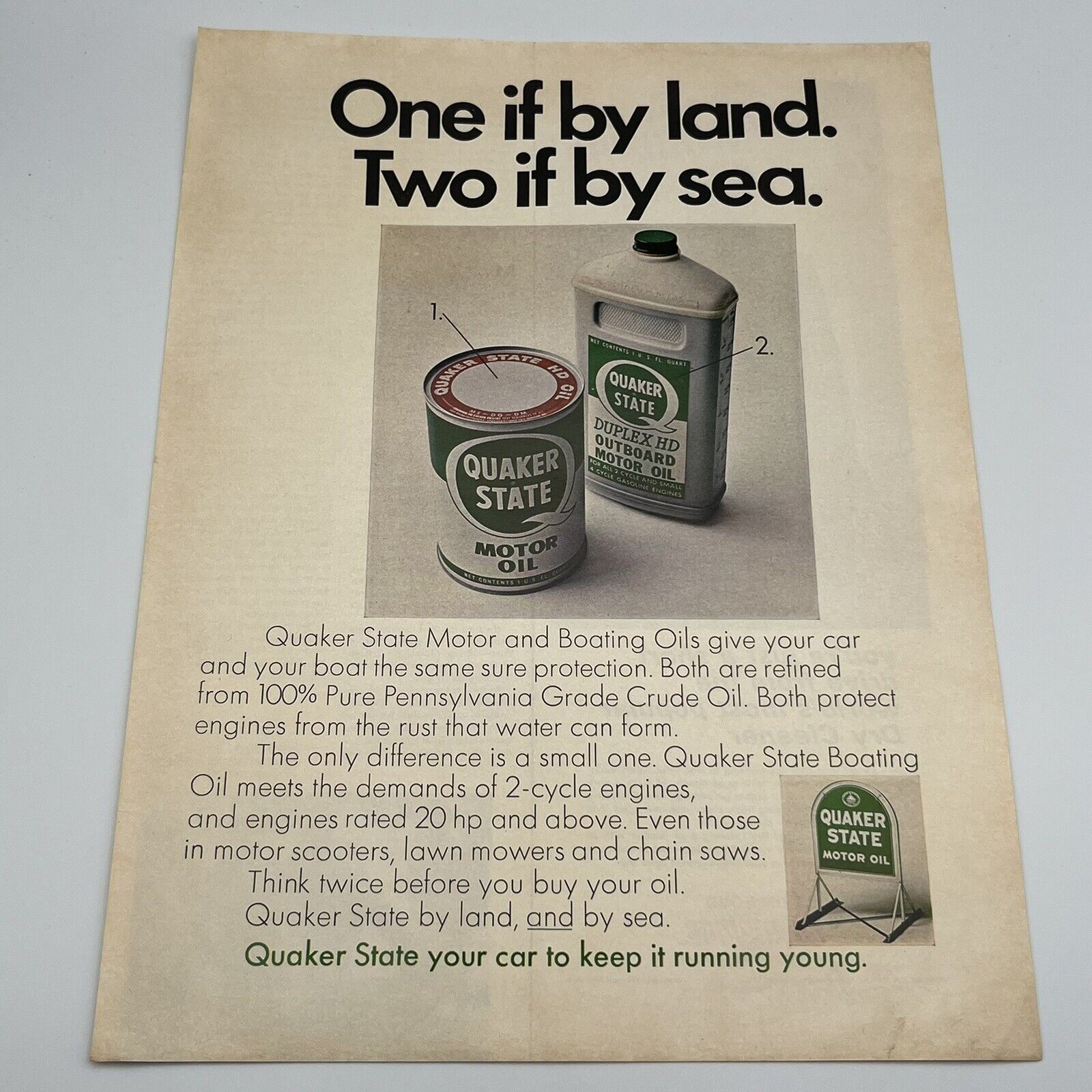 1968 Quaker State Motor Oil Vintage Print Ad 13.5x10" One If By Land 2 If By Sea