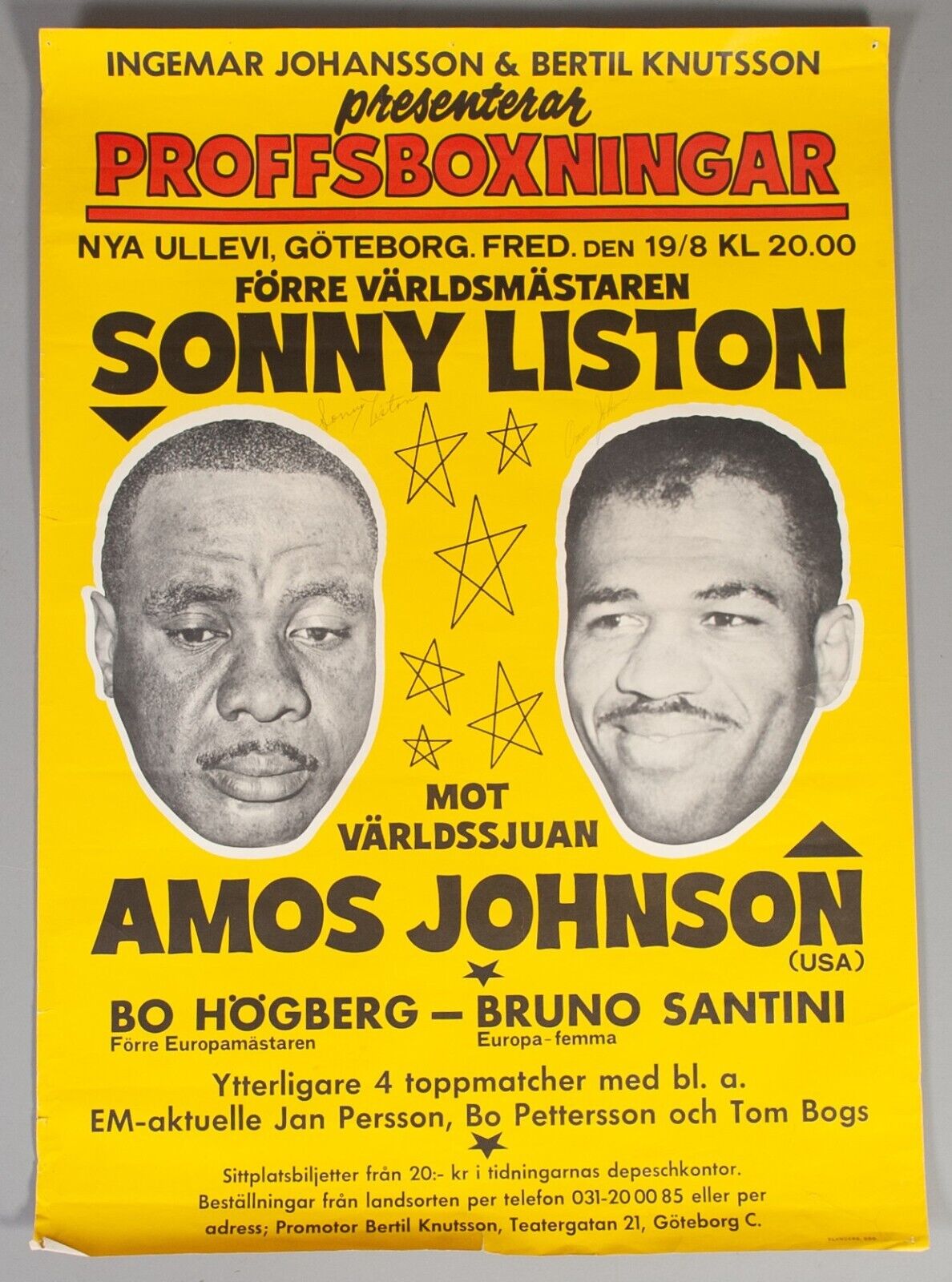 1966 Sonny Liston V Amos Johnson Signed Autographed On-site Boxing Poster Ali