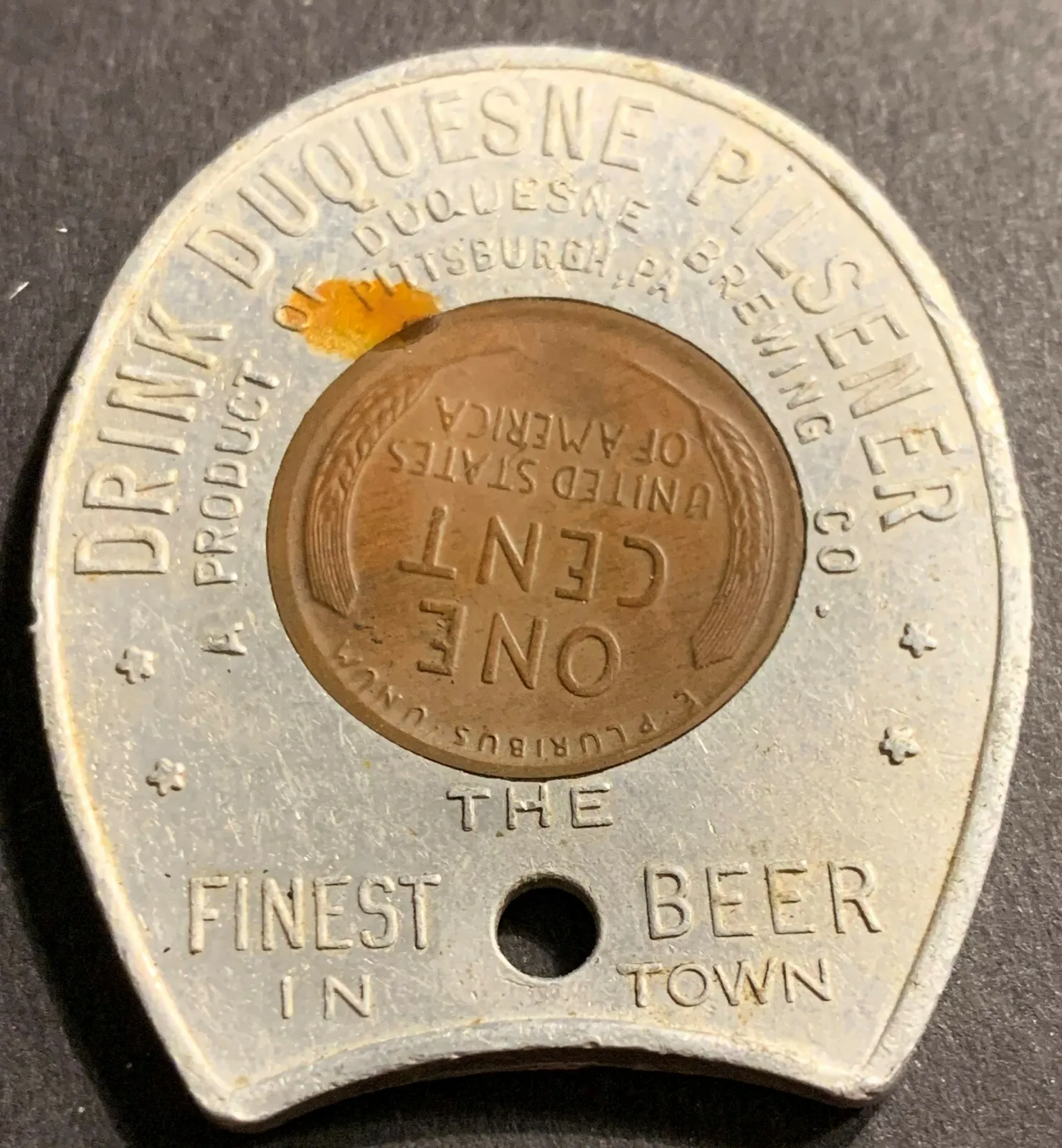 Encased Duquesne Pilsener 1949-d Lincoln Wheat Cent Good Luck Pittsburgh Beer