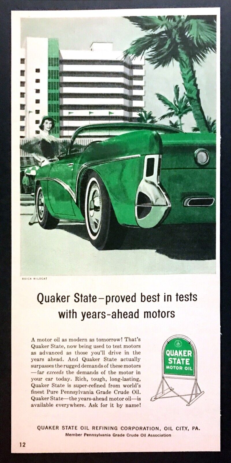 1956 Buick Wildcat Experimental Car Art Quaker State Motor Oil Vintage Print Ad