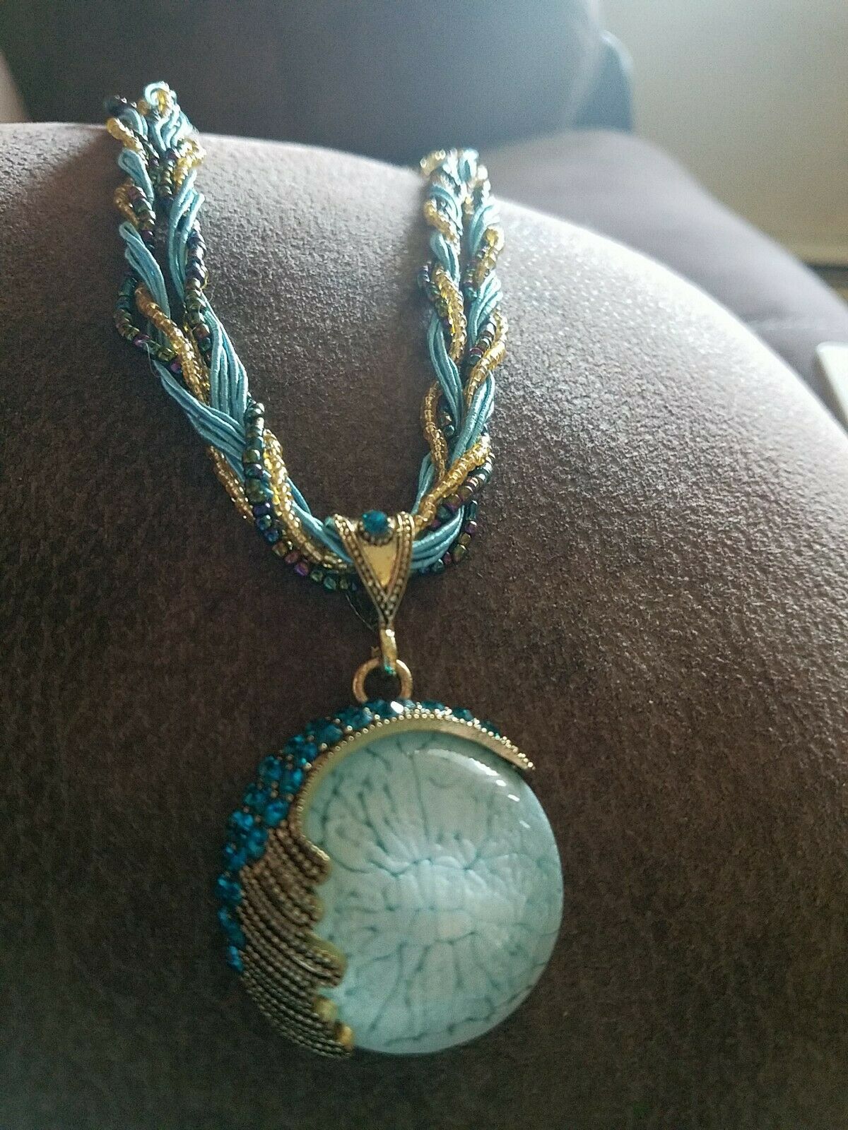 Womens Necklace, Beaded, Rhinestone And Blue Stone. Great Statemental Piece. 16"