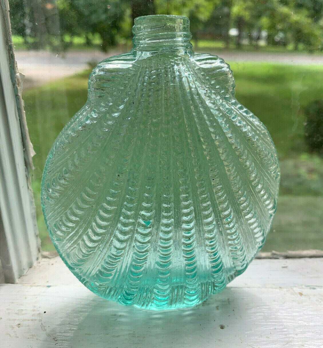 Old Figural Flask In Form Of Scallop Shell Great Form And Detail Aqua C1900
