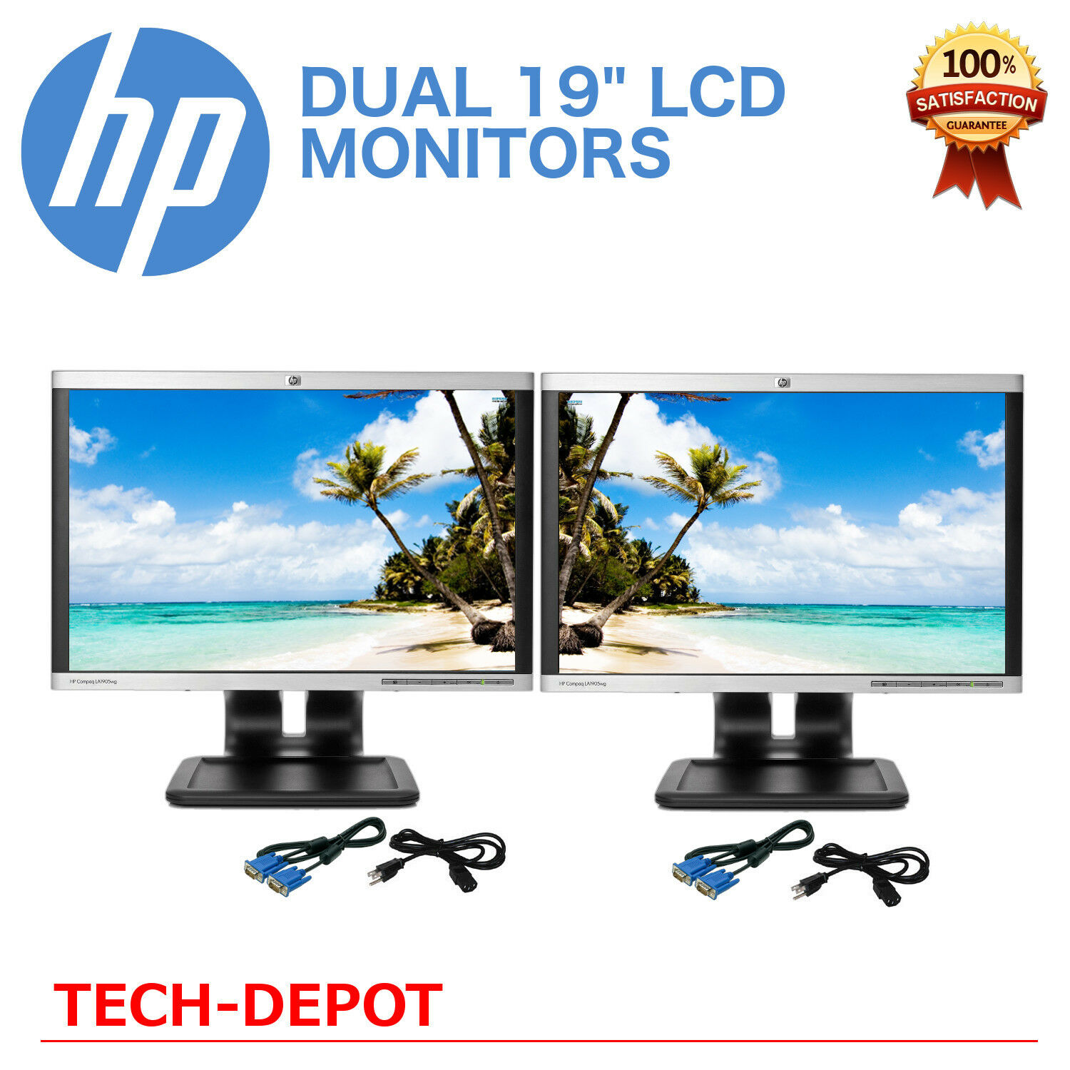 Dual Hp 19" Lcd Monitors Matching Model Pair With Cables - Bright And Sharp