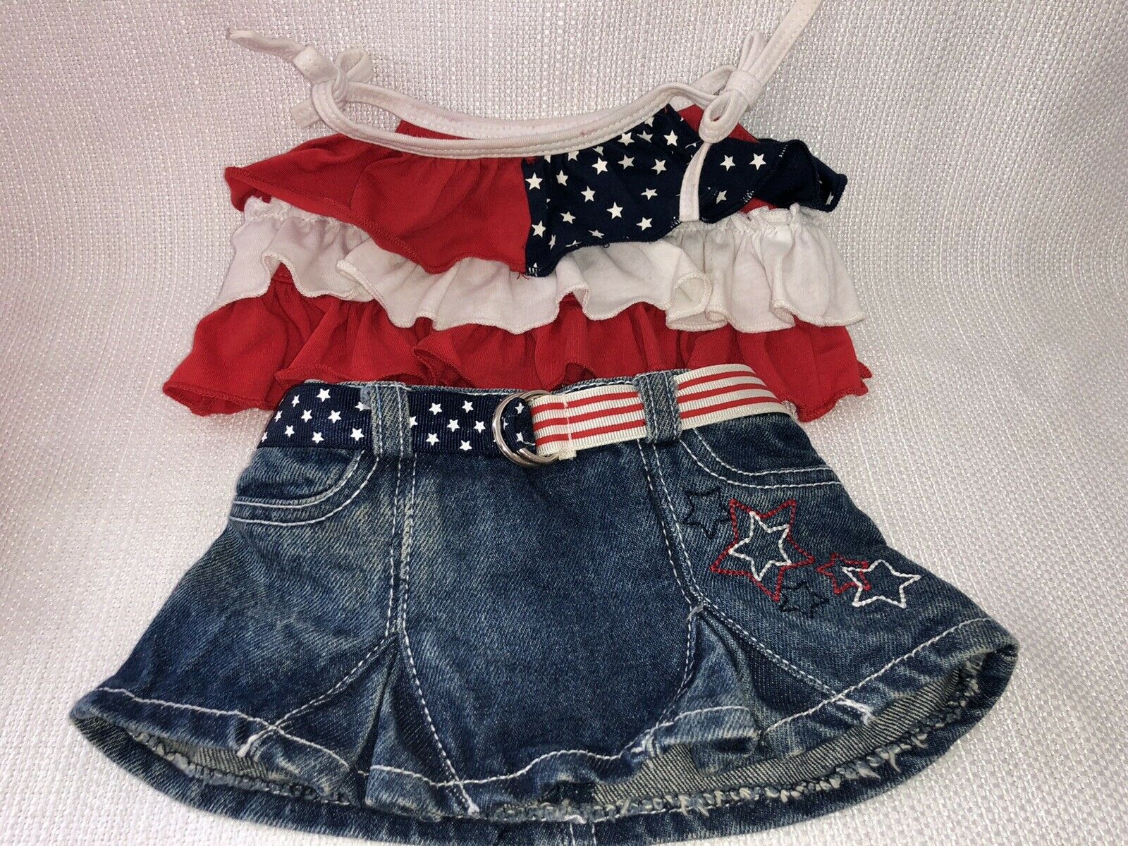 Build A Bear Denim Skirt Red White Blue Tank Layered Top Outfit