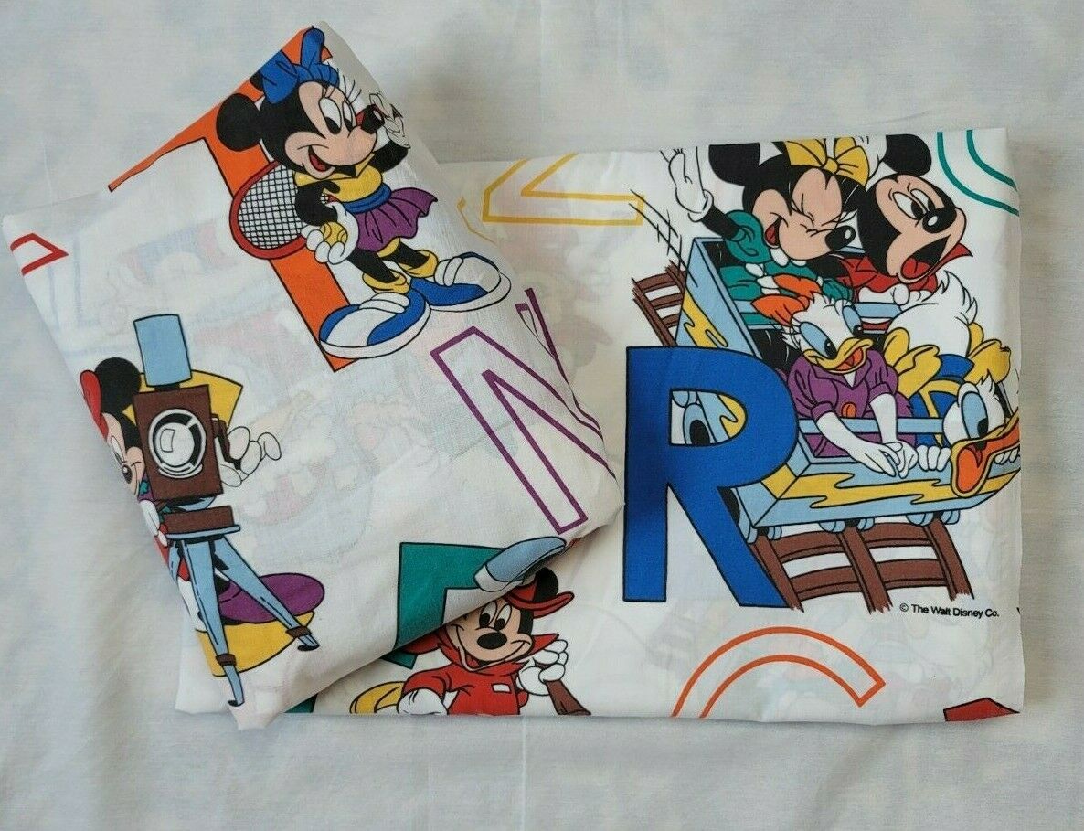 Vtg Disney Characters Alphabet Full Sheets Flat Fitted Mickey Goofy Donald Daisy