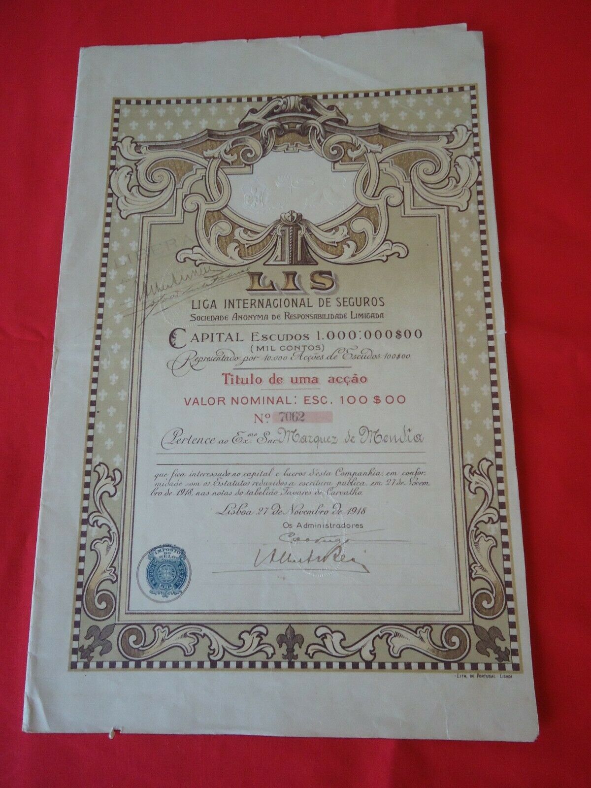 Portugal Share Lis Liga Internacional Seguros Insurance 100 Esc. 1918 Look Scans