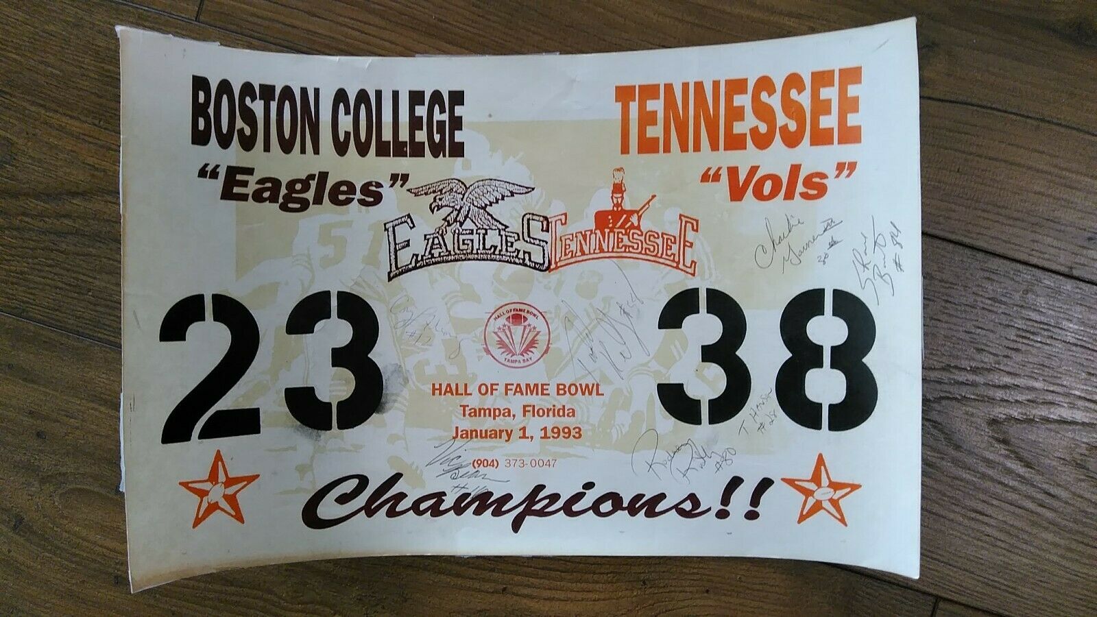 1993 Hall Of Fame Bowl Autographed Poster Boston College Eagles V Tennessee Vols