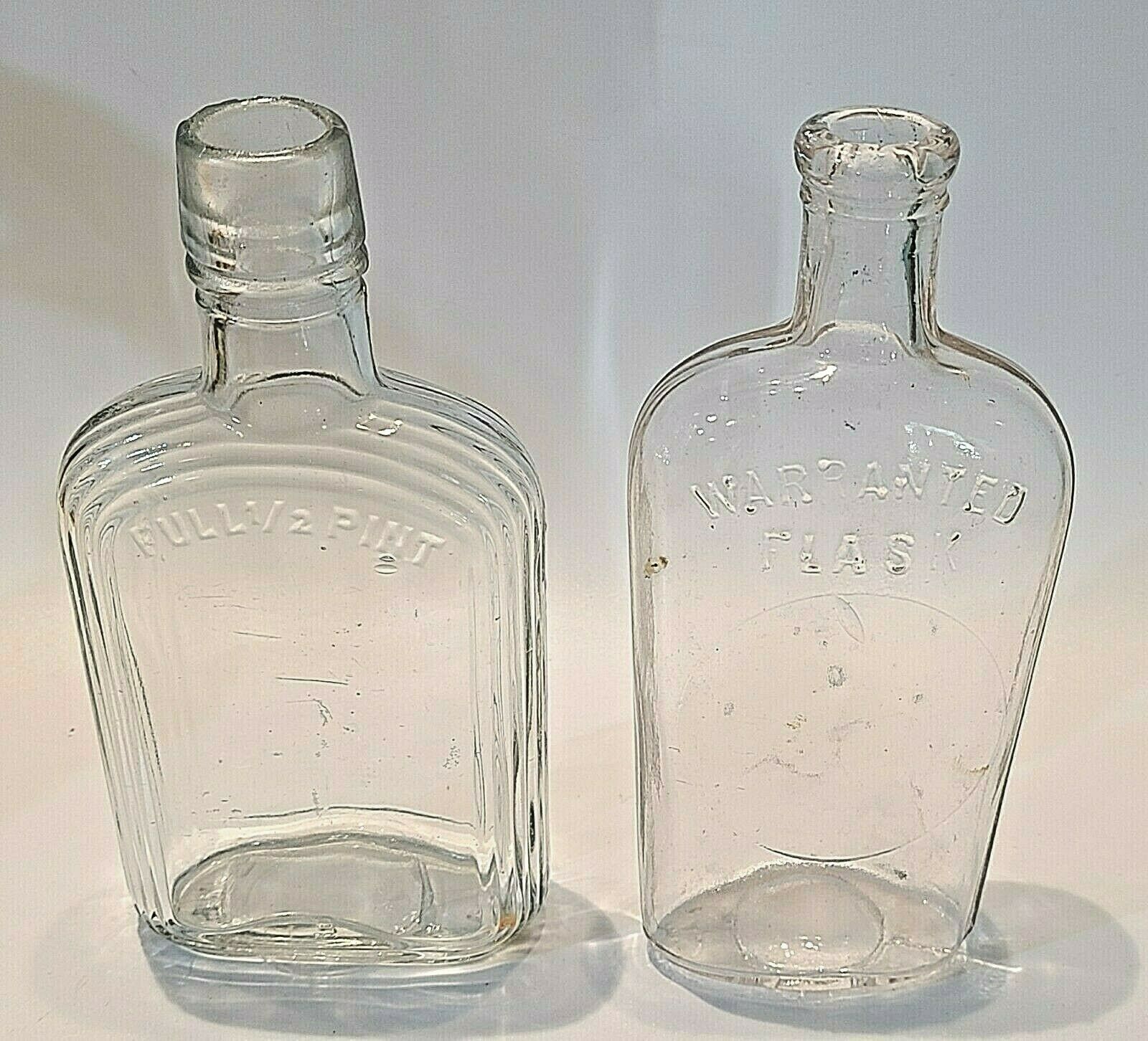 2 -  Antique Clear Whiskey Flask Bottles Vintage Art Deco