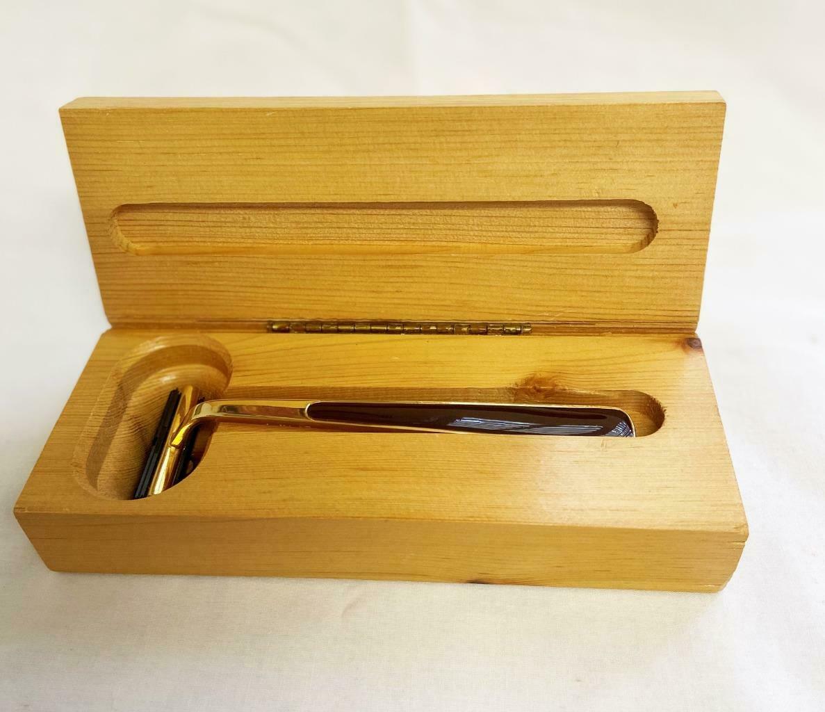 Vintage Brass & Plastic Razor W Hinged Wood Box Made In Italy