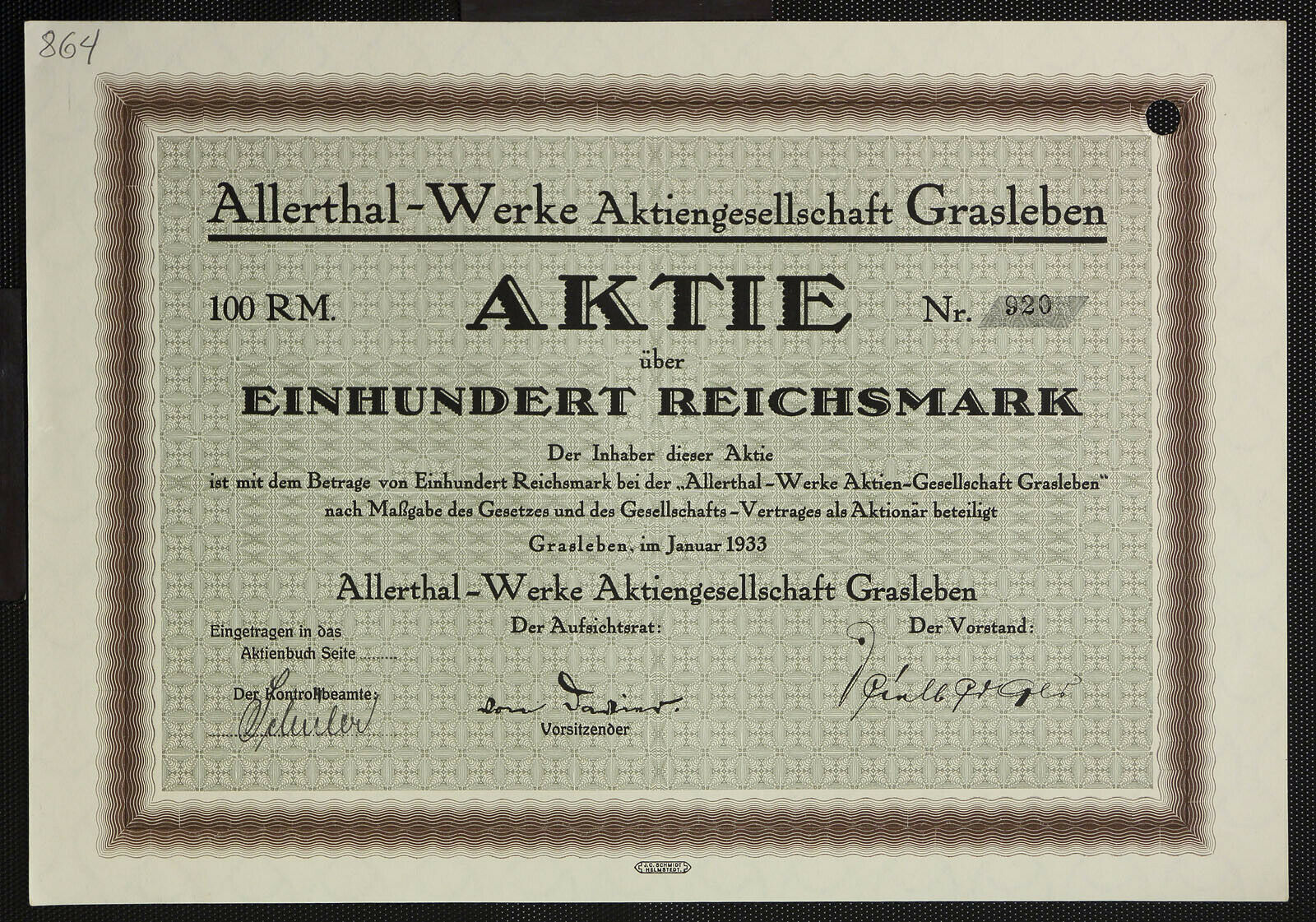 Germany 864/b&a -allerthal-werke Aktiengesellschaft Grasleben 1933 100 Rm