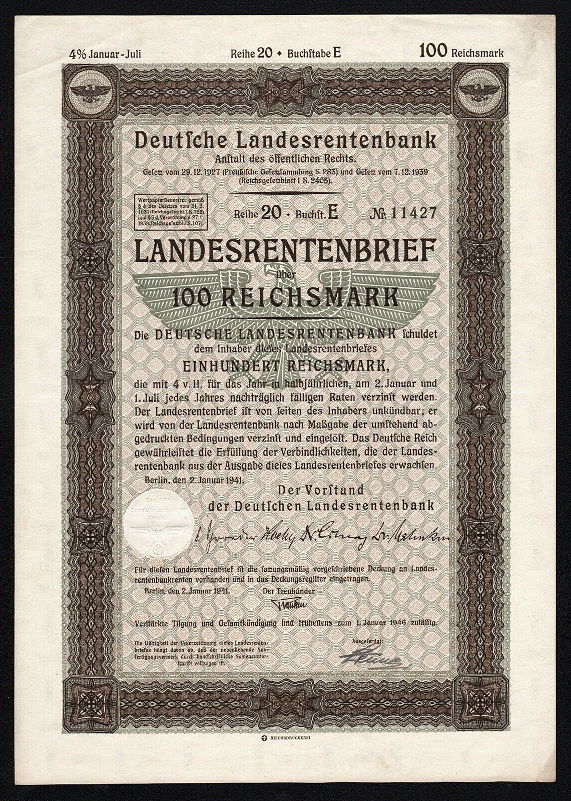 1941 Germany: Deutsche Landesrentenbank, Landesrentenbrief, 100 Rm, Uncancelled