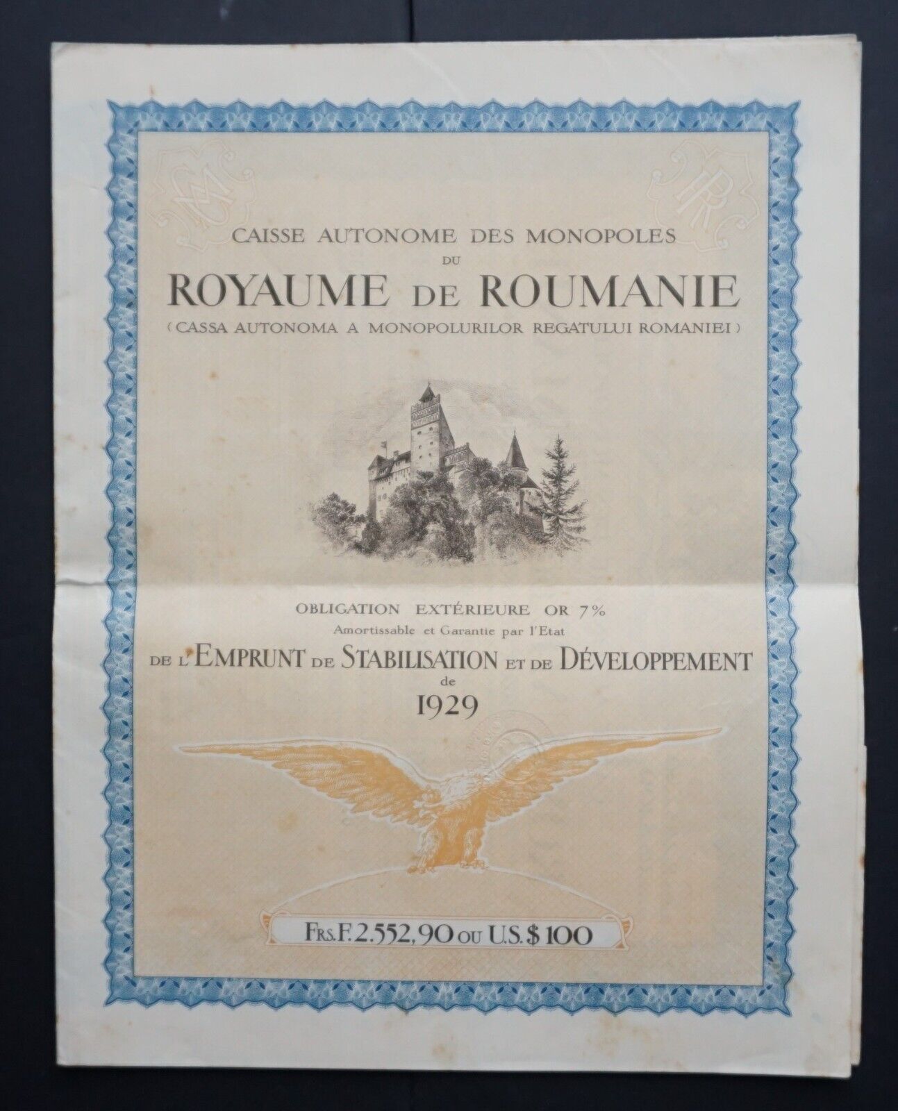 Romania - Romania State - 1929 - 7% Gold Bond For 2552.90 Francs