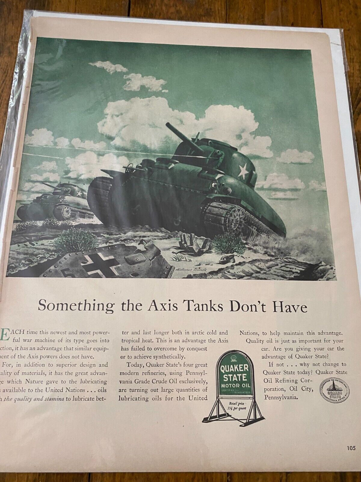 Vintage 1943 Quaker State Oil U.s. Army Tank Battle Ww Ii Ad
