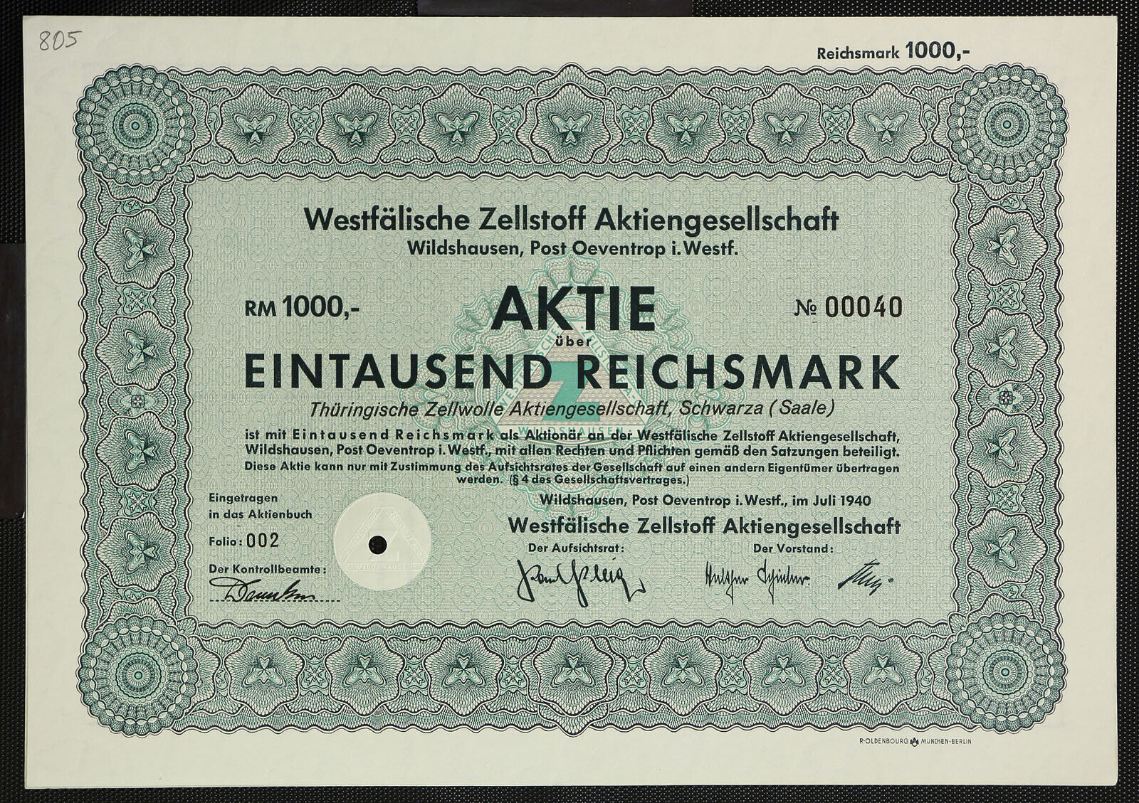 🇩🇪germany 805/t -westfälische Zellstoff Aktiengesellschaft 1940 1000 Rm🇩🇪