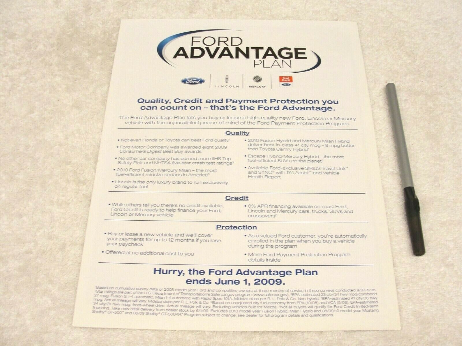 2009 Ford Advantage Plan - Dealer Sales Mailer Ad Folding Flyer, Nice Condition!