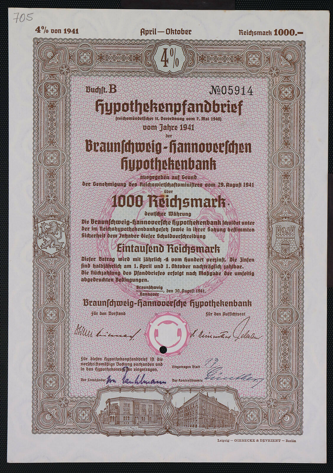 Germany 705/s -1000 Rm Braunschweig-hannoversche Hypothekenbank 4% 30.8.1941