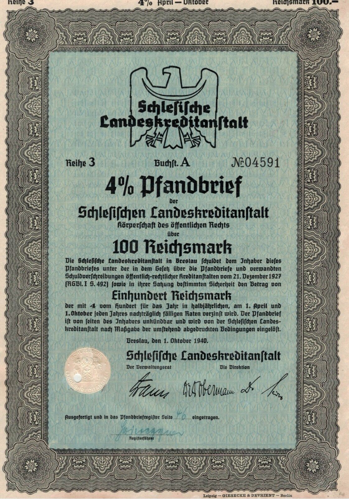 German Reich Bond 100 Reichsmark Bond Certificate, 1940 Breslau, Silesia ,012