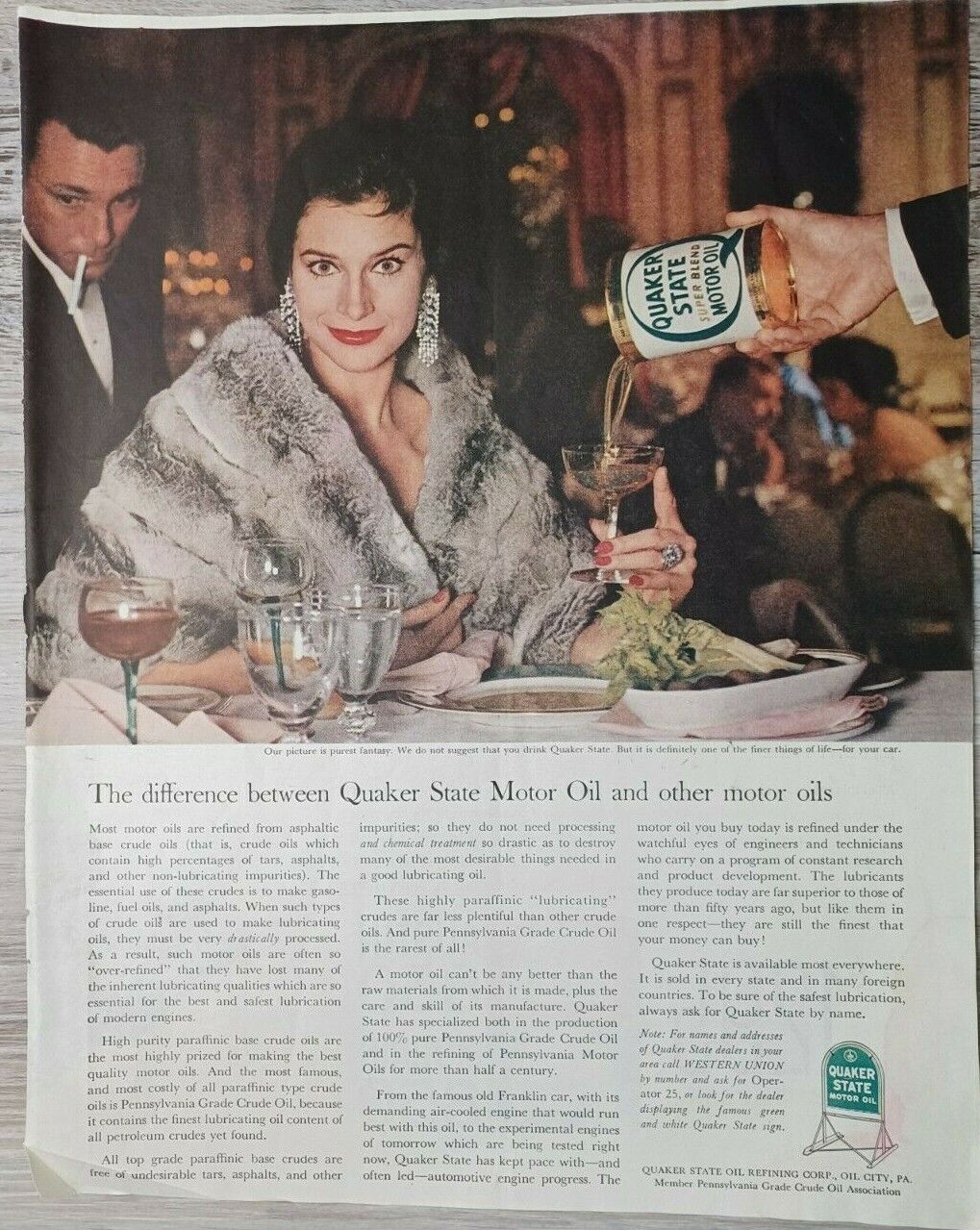 1960 Vintage Print Ad Quaker State Motor Oil Champagne Glass Mink