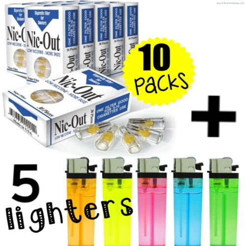 (10) Packs Nic-out Cigarette (300 Disposable Filters)  + 5 Free Lighters ~ Combo