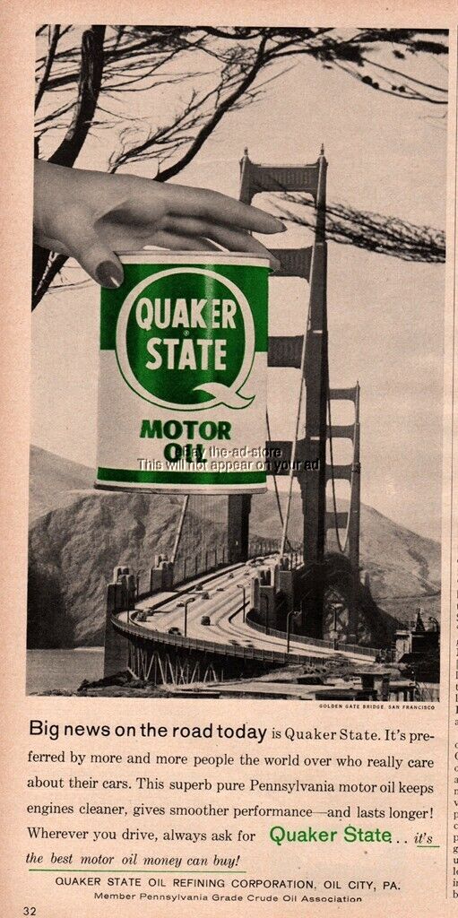 1958 Quaker State Motor Oil Golden Gate Bridge San Francisco Ca Photo Print Ad