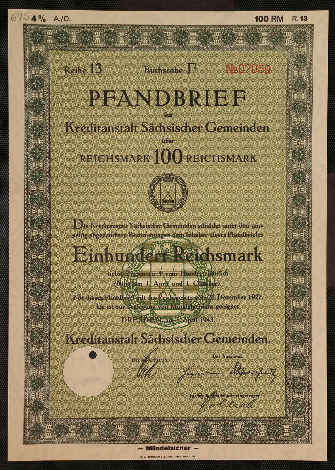 Germany 695/s-kreditanstalt Sächsischer Gemeinden Dresden,4%pfandbrief1943 100rm