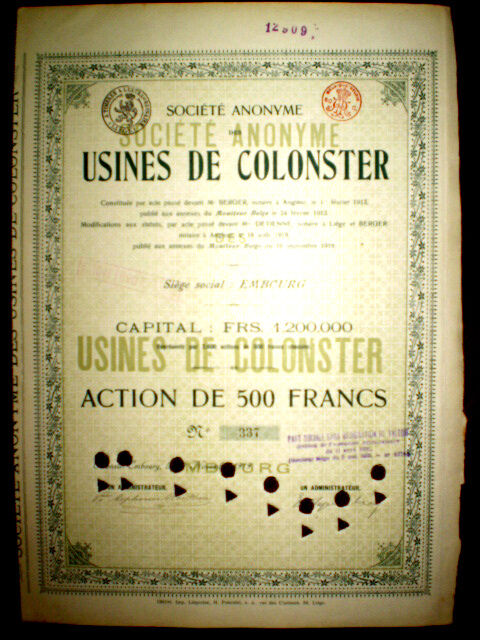 Usines De Colonster Sa,embourg,belgium 1919 Share Cert.