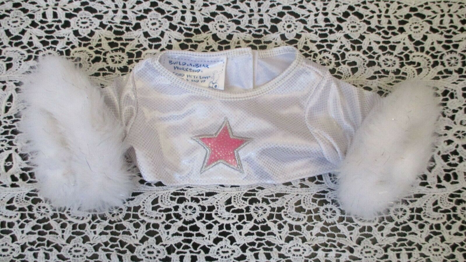 Build A Bear Silver Sparkle Top With Furry Trim & Pink Star On Front